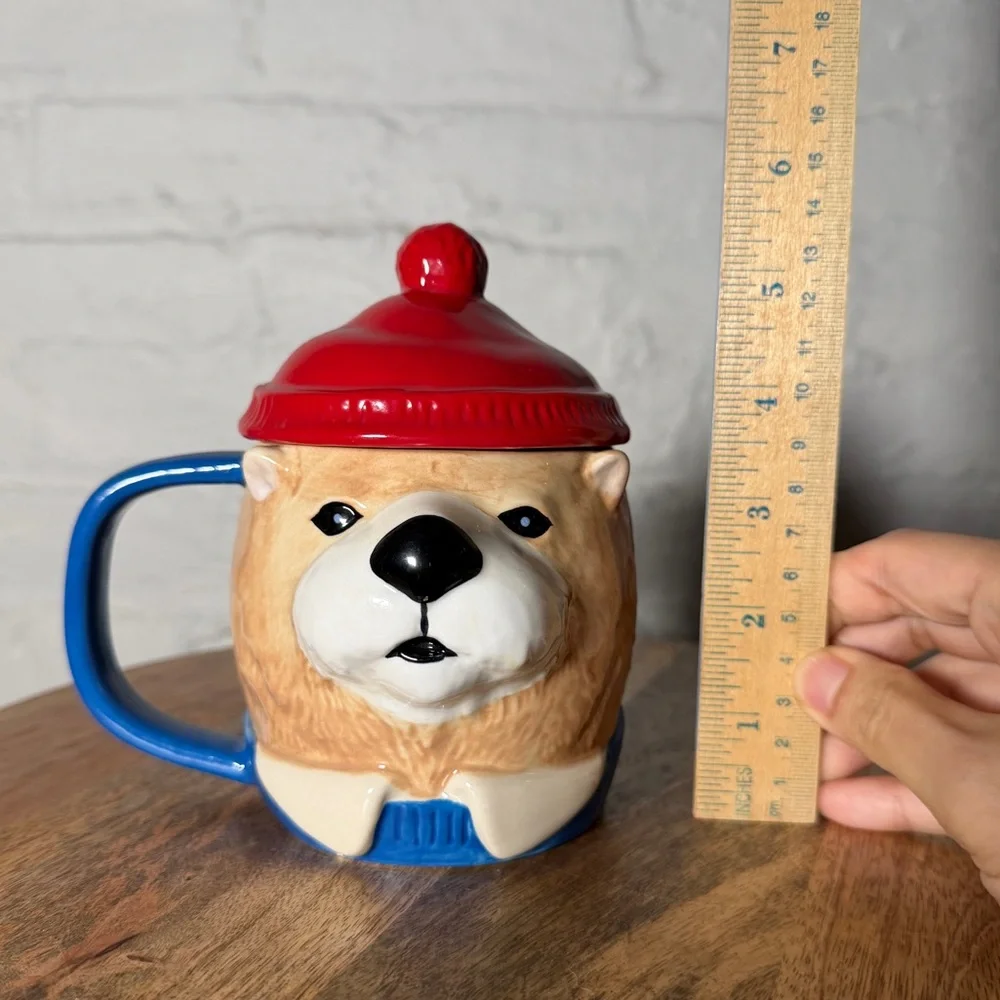West Elm Rachel Kozlowski Dapper Animal Bear Mug with lid Hand painted